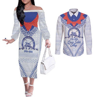 Queen Salote College 100 Years Personalized Couples Matching Off The Shoulder Long Sleeve Dress and Long Sleeve Button Shirt Tonga QSC Heilala Lei White Ngatu Pattern LT14 White - Polynesian Pride