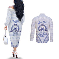 Queen Salote College 100 Years Personalized Couples Matching Off The Shoulder Long Sleeve Dress and Long Sleeve Button Shirt Tonga QSC Heilala Lei White Ngatu Pattern LT14 - Polynesian Pride