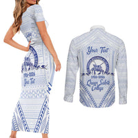 Queen Salote College 100 Years Personalized Couples Matching Short Sleeve Bodycon Dress and Long Sleeve Button Shirt Tonga QSC Heilala Lei White Ngatu Pattern LT14 - Polynesian Pride