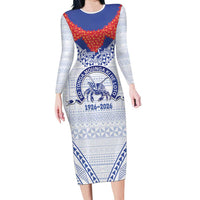 Queen Salote College 100 Years Personalized Family Matching Long Sleeve Bodycon Dress and Hawaiian Shirt Tonga QSC Heilala Lei White Ngatu Pattern LT14 Mom's Dress White - Polynesian Pride