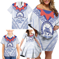 Queen Salote College 100 Years Personalized Family Matching Off Shoulder Short Dress and Hawaiian Shirt Tonga QSC Heilala Lei White Ngatu Pattern LT14 - Polynesian Pride
