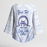 Queen Salote College 100 Years Personalized Kimono Sleeve Blouse Tonga QSC Heilala Lei White Ngatu Pattern