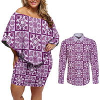 Poni Palaka Quilt Hawaii Couples Matching Off Shoulder Short Dress and Long Sleeve Button Shirt Hawaiian Tropical Monstera Sea Turtle LT14 Purple - Polynesian Pride