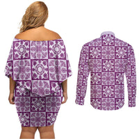 Poni Palaka Quilt Hawaii Couples Matching Off Shoulder Short Dress and Long Sleeve Button Shirt Hawaiian Tropical Monstera Sea Turtle LT14 - Polynesian Pride