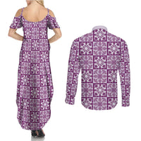 Poni Palaka Quilt Hawaii Couples Matching Summer Maxi Dress and Long Sleeve Button Shirt Hawaiian Tropical Monstera Sea Turtle LT14 - Polynesian Pride