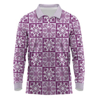 Poni Palaka Quilt Hawaii Long Sleeve Polo Shirt Hawaiian Tropical Monstera Sea Turtle LT14 Purple - Polynesian Pride