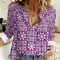 Poni Palaka Quilt Hawaii Women Casual Shirt Hawaiian Tropical Monstera Sea Turtle LT14 Female Purple - Polynesian Pride