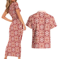 Ulaula Palaka Quilt Hawaii Couples Matching Short Sleeve Bodycon Dress and Hawaiian Shirt Hawaiian Tropical Monstera Sea Turtle LT14 - Polynesian Pride