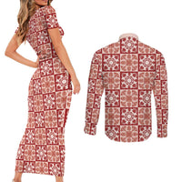 Ulaula Palaka Quilt Hawaii Couples Matching Short Sleeve Bodycon Dress and Long Sleeve Button Shirt Hawaiian Tropical Monstera Sea Turtle LT14 - Polynesian Pride