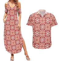 Ulaula Palaka Quilt Hawaii Couples Matching Summer Maxi Dress and Hawaiian Shirt Hawaiian Tropical Monstera Sea Turtle LT14 Red - Polynesian Pride