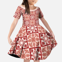 Ulaula Palaka Quilt Hawaii Family Matching Off The Shoulder Long Sleeve Dress and Hawaiian Shirt Hawaiian Tropical Monstera Sea Turtle LT14 Daughter's Dress Red - Polynesian Pride