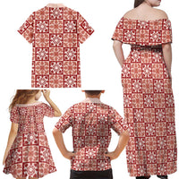 Ulaula Palaka Quilt Hawaii Family Matching Off Shoulder Maxi Dress and Hawaiian Shirt Hawaiian Tropical Monstera Sea Turtle LT14 - Polynesian Pride