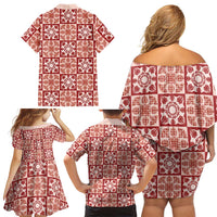 Ulaula Palaka Quilt Hawaii Family Matching Off Shoulder Short Dress and Hawaiian Shirt Hawaiian Tropical Monstera Sea Turtle LT14 - Polynesian Pride