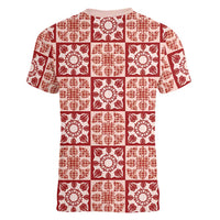 Ulaula Palaka Quilt Hawaii Women V-Neck T-Shirt Hawaiian Tropical Monstera Sea Turtle LT14 - Polynesian Pride