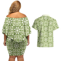 Omaomao Palaka Quilt Hawaii Couples Matching Off Shoulder Short Dress and Hawaiian Shirt Hawaiian Tropical Monstera Sea Turtle LT14 - Polynesian Pride