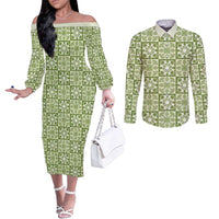 Omaomao Palaka Quilt Hawaii Couples Matching Off The Shoulder Long Sleeve Dress and Long Sleeve Button Shirt Hawaiian Tropical Monstera Sea Turtle LT14 Green - Polynesian Pride