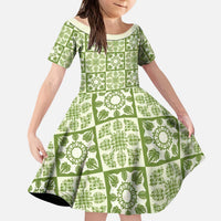 Omaomao Palaka Quilt Hawaii Kid Short Sleeve Dress Hawaiian Tropical Monstera Sea Turtle LT14 KID Green - Polynesian Pride