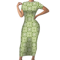 Omaomao Palaka Quilt Hawaii Short Sleeve Bodycon Dress Hawaiian Tropical Monstera Sea Turtle LT14 Long Dress Green - Polynesian Pride
