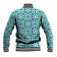 Cyan Palaka Quilt Hawaii Baseball Jacket Hawaiian Tropical Monstera Sea Turtle