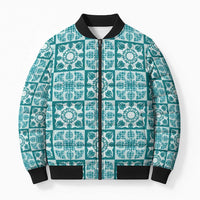 Cyan Palaka Quilt Hawaii Bomber Puffer Jacket Hawaiian Tropical Monstera Sea Turtle
