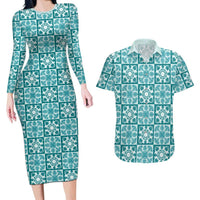 Cyan Palaka Quilt Hawaii Couples Matching Long Sleeve Bodycon Dress and Hawaiian Shirt Hawaiian Tropical Monstera Sea Turtle LT14 Cyan - Polynesian Pride