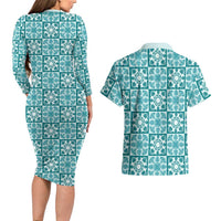 Cyan Palaka Quilt Hawaii Couples Matching Long Sleeve Bodycon Dress and Hawaiian Shirt Hawaiian Tropical Monstera Sea Turtle LT14 - Polynesian Pride