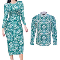 Cyan Palaka Quilt Hawaii Couples Matching Long Sleeve Bodycon Dress and Long Sleeve Button Shirt Hawaiian Tropical Monstera Sea Turtle LT14 Cyan - Polynesian Pride