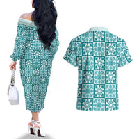 Cyan Palaka Quilt Hawaii Couples Matching Off The Shoulder Long Sleeve Dress and Hawaiian Shirt Hawaiian Tropical Monstera Sea Turtle LT14 - Polynesian Pride