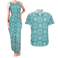 Cyan Palaka Quilt Hawaii Couples Matching Tank Maxi Dress and Hawaiian Shirt Hawaiian Tropical Monstera Sea Turtle LT14 Cyan - Polynesian Pride