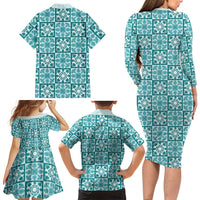 Cyan Palaka Quilt Hawaii Family Matching Long Sleeve Bodycon Dress and Hawaiian Shirt Hawaiian Tropical Monstera Sea Turtle LT14 - Polynesian Pride