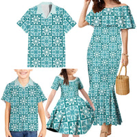 Cyan Palaka Quilt Hawaii Family Matching Mermaid Dress and Hawaiian Shirt Hawaiian Tropical Monstera Sea Turtle LT14 - Polynesian Pride