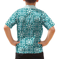 Cyan Palaka Quilt Hawaii Family Matching Off Shoulder Short Dress and Hawaiian Shirt Hawaiian Tropical Monstera Sea Turtle LT14 - Polynesian Pride