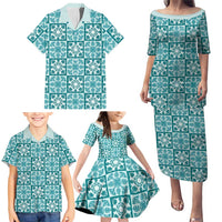 Cyan Palaka Quilt Hawaii Family Matching Puletasi and Hawaiian Shirt Hawaiian Tropical Monstera Sea Turtle LT14 - Polynesian Pride