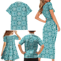 Cyan Palaka Quilt Hawaii Family Matching Short Sleeve Bodycon Dress and Hawaiian Shirt Hawaiian Tropical Monstera Sea Turtle LT14 - Polynesian Pride