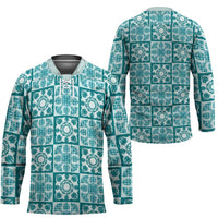 Cyan Palaka Quilt Hawaii Hockey Jersey Hawaiian Tropical Monstera Sea Turtle