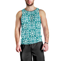 Cyan Palaka Quilt Hawaii Men Tank Top Hawaiian Tropical Monstera Sea Turtle
