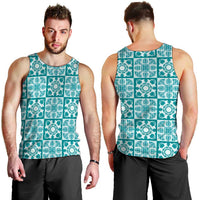Cyan Palaka Quilt Hawaii Men Tank Top Hawaiian Tropical Monstera Sea Turtle