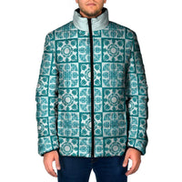 Cyan Palaka Quilt Hawaii Padded Jacket Hawaiian Tropical Monstera Sea Turtle