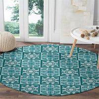 Cyan Palaka Quilt Hawaii Round Carpet Hawaiian Tropical Monstera Sea Turtle