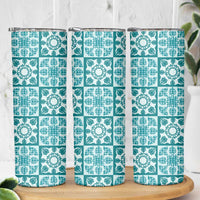 Cyan Palaka Quilt Hawaii Skinny Tumbler Hawaiian Tropical Monstera Sea Turtle LT14 - Polynesian Pride