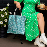 Cyan Palaka Quilt Hawaii Tote Bag Hawaiian Tropical Monstera Sea Turtle