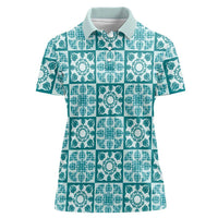 Cyan Palaka Quilt Hawaii Women Polo Shirt Hawaiian Tropical Monstera Sea Turtle LT14 Female Cyan - Polynesian Pride