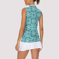 Cyan Palaka Quilt Hawaii Women Sleeveless Polo Shirt Hawaiian Tropical Monstera Sea Turtle LT14 - Polynesian Pride