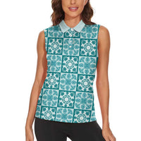 Cyan Palaka Quilt Hawaii Women Sleeveless Polo Shirt Hawaiian Tropical Monstera Sea Turtle LT14 - Polynesian Pride