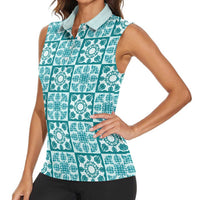 Cyan Palaka Quilt Hawaii Women Sleeveless Polo Shirt Hawaiian Tropical Monstera Sea Turtle LT14 - Polynesian Pride