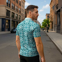 Cyan Palaka Quilt Hawaii Zipper Polo Shirt Hawaiian Tropical Monstera Sea Turtle LT14 - Polynesian Pride