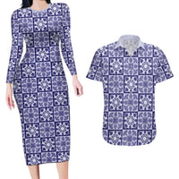 Polu Palaka Quilt Hawaii Couples Matching Long Sleeve Bodycon Dress and Hawaiian Shirt Hawaiian Tropical Monstera Sea Turtle LT14 Blue - Polynesian Pride