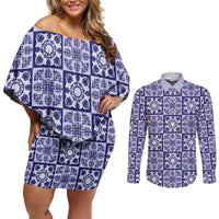 Polu Palaka Quilt Hawaii Couples Matching Off Shoulder Short Dress and Long Sleeve Button Shirt Hawaiian Tropical Monstera Sea Turtle LT14 Blue - Polynesian Pride