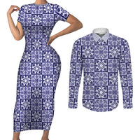 Polu Palaka Quilt Hawaii Couples Matching Short Sleeve Bodycon Dress and Long Sleeve Button Shirt Hawaiian Tropical Monstera Sea Turtle LT14 Blue - Polynesian Pride