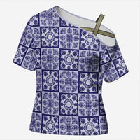 Polu Palaka Quilt Hawaii Cross Shoulder Shirt Hawaiian Tropical Monstera Sea Turtle LT14 Female Blue - Polynesian Pride